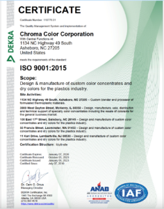 Chroma Color Corporation ISO 9001 Certification 2023